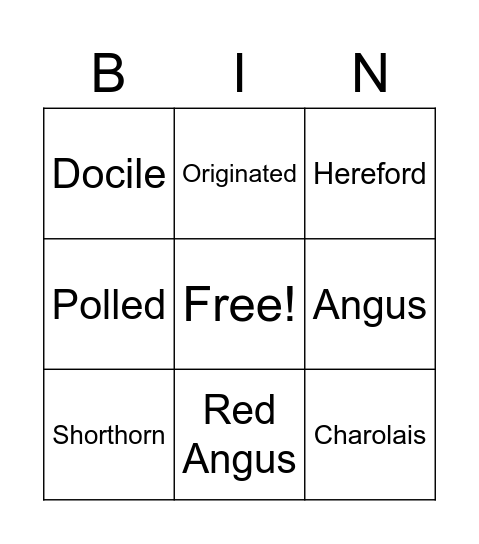 Beef Breeds Bingo Card