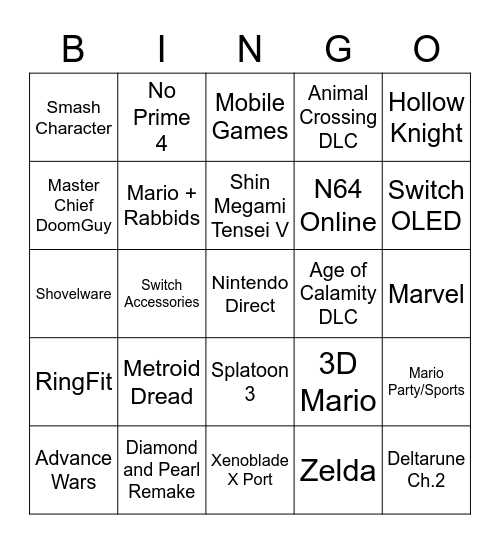 Nintendo Direct Sept. 2021 Bingo Card