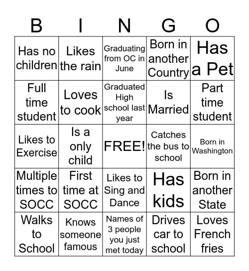 SOCC Party Bus Bingo Card