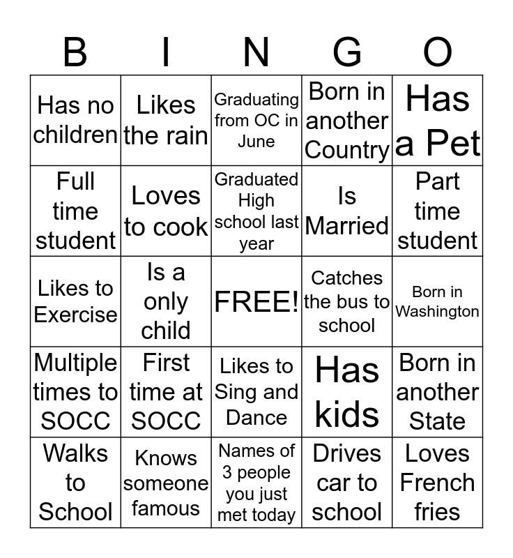 SOCC Party Bus Bingo Card