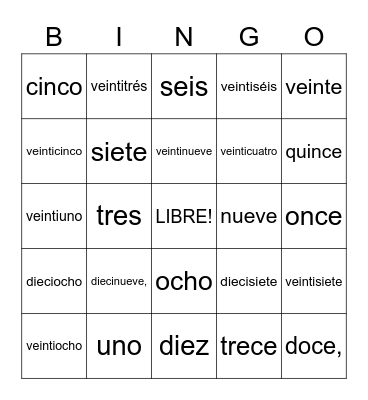 Spanish numbers 1-30 Bingo Card