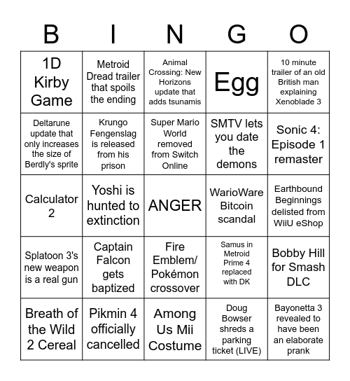 Nintendo Direct 9/23 Predictions Bingo Card