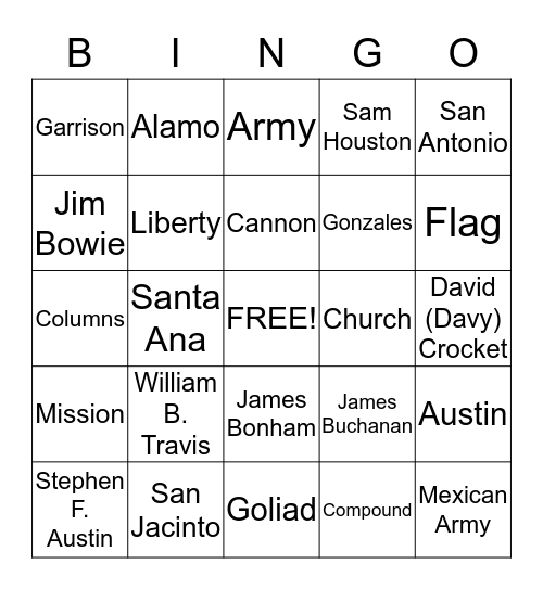 Texas Noun Bingo Card