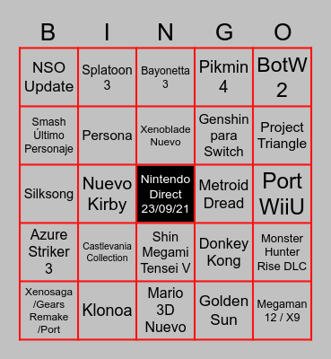 Nintendo Direct 23/09/21 Bingo Card