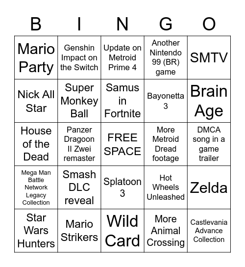 Nintendo Direct Bingo 9/23 Bingo Card