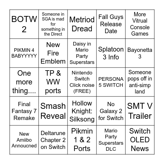 September Nintendo Direct Bingo Card