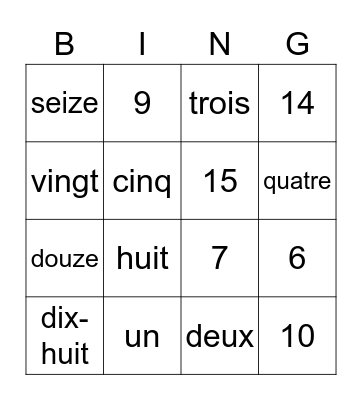 French numbers 1-20 Bingo Card