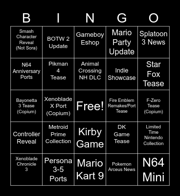 Nintendo Direct 9/23/21 Bingo Card