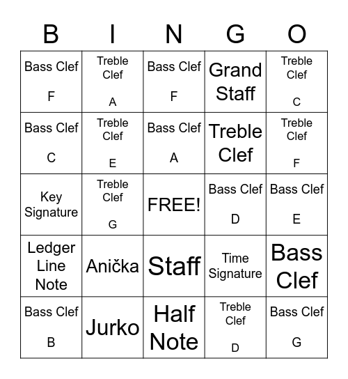 Mr. C's Musical Bingo Card