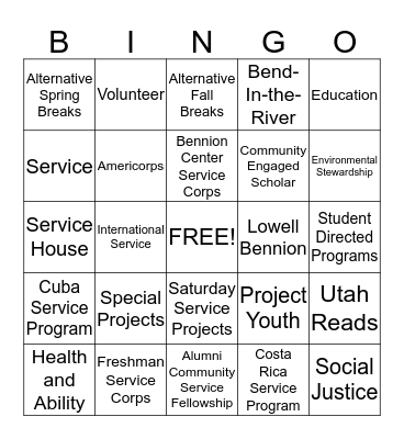 Bennion Center Bingo Card