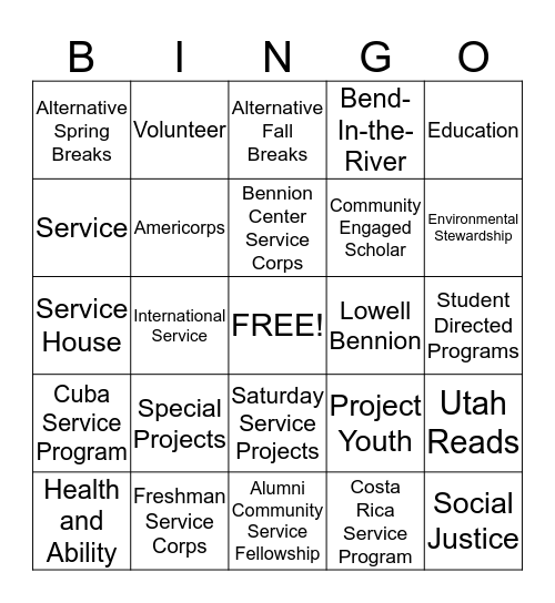 Bennion Center Bingo Card