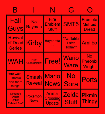 Nintendo Direct 9/23/21 Bingo Card