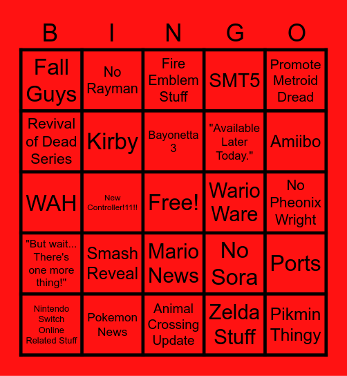 Nintendo Direct 9/23/21 Bingo Card