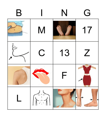 Body Parts/Numbers/Letters Bingo Card