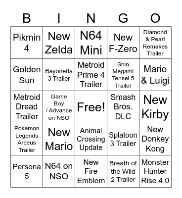 Nintendo Direct September 2021 Bingo Card