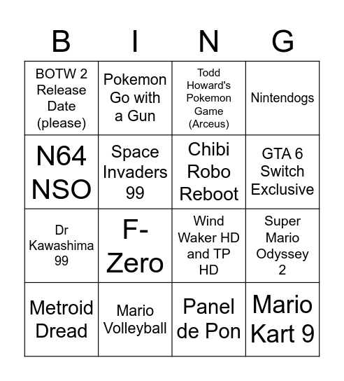 Nintendo Direct September 2021 Joshua Bingo Card