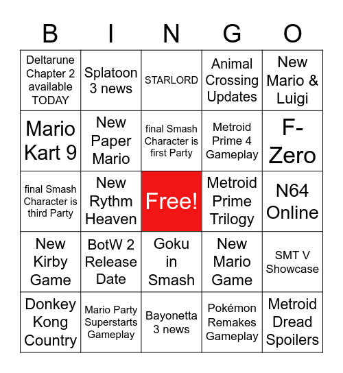 Nintendo Direct 23.09.2021 Bingo Card
