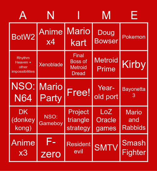 Nintendo Direct Bingo Card