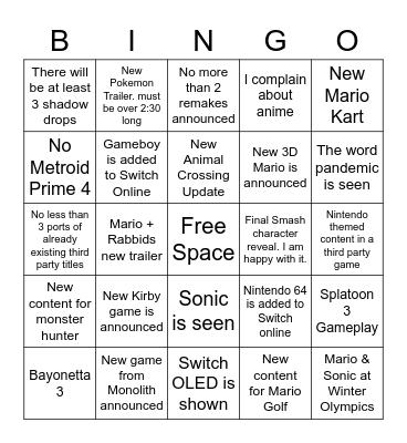 Kobi's Nintendo Direct Bingo Card Bingo Card