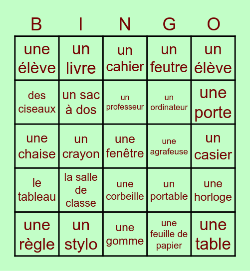 Dans la Salle de Classe (français) Bingo Card