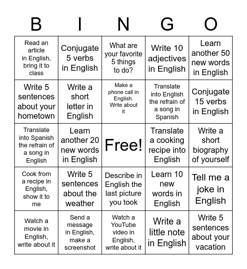 24 activities to practice English Bingo Card