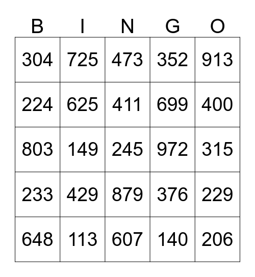 Place Value BINGO Card