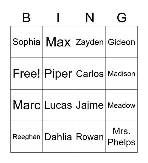 Mrs. Phelps' Class Bingo Card