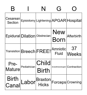 Labor and Delivery Bingo Card