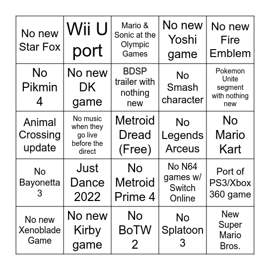 Nintendo Direct 2021/09/23 Bingo Card