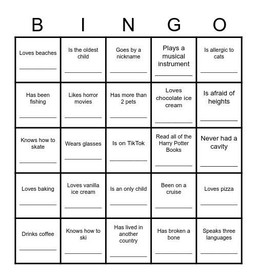 Get To Know You Bingo Card