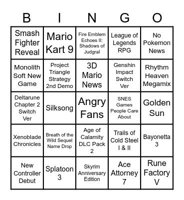 Nintendo Direct 9.23.2021 Bingo Card