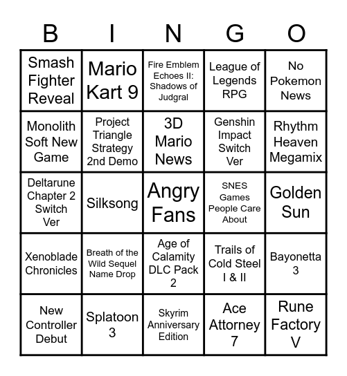 Nintendo Direct 9.23.2021 Bingo Card