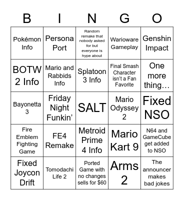 Nintendo Direct Bingo Card