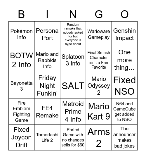 Nintendo Direct Bingo Card