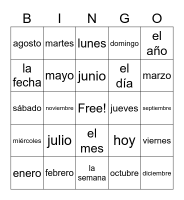 Days & Months Bingo Card