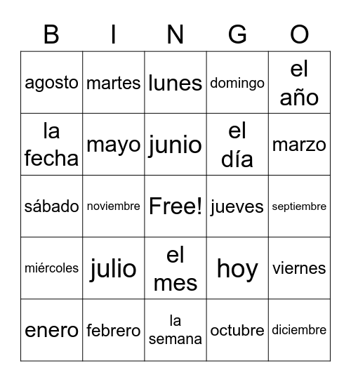 Days & Months Bingo Card