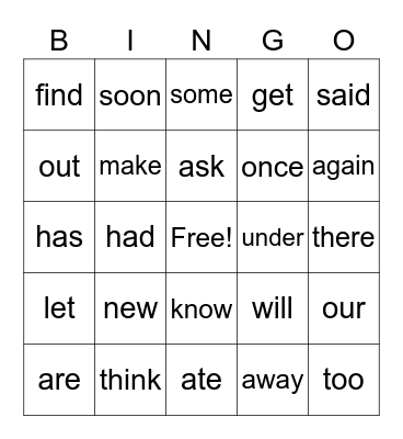 ELA Sight WordS Bingo Card