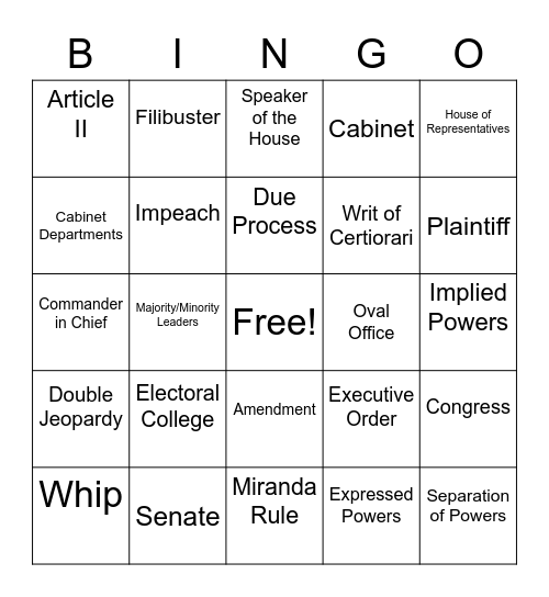 Unit 2 Vocabulary: 3 Branches of Government Bingo Card