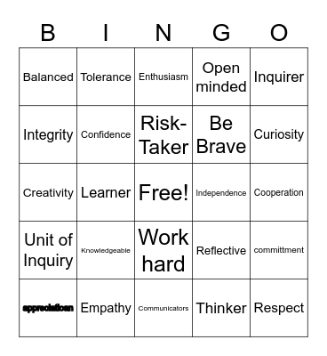 PYP IB Learner Profiles and Attitudes Bingo Card
