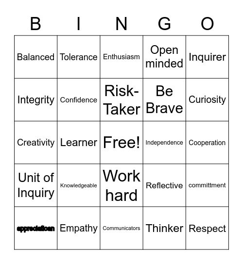 PYP IB Learner Profiles and Attitudes Bingo Card