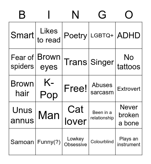 Are you similar to Noah(me)? Bingo Card