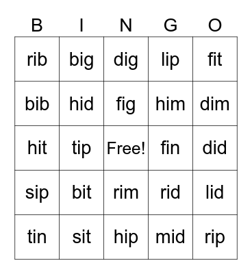 CVC (Short i words) Bingo Card