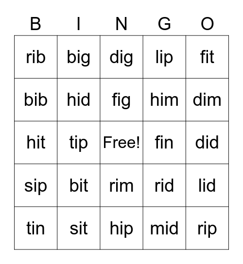 CVC (Short i words) Bingo Card