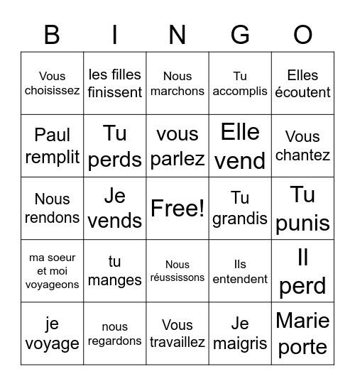 Les Verbes Réguliers Bingo Card