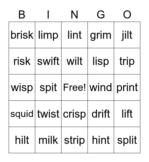 Final and Initial Blends (short i) Bingo Card