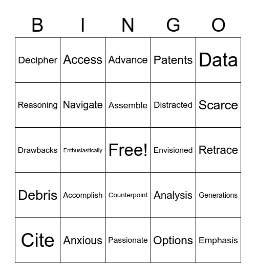 Vocabulary Bingo Card