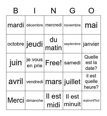 French days of the week/Months of the year Bingo Card