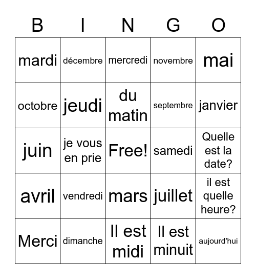 French days of the week/Months of the year Bingo Card