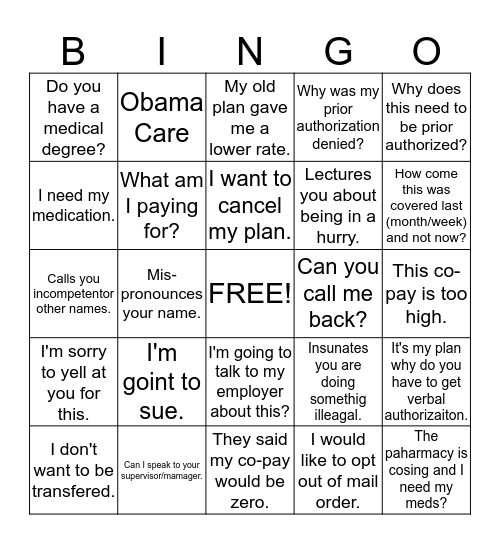 Angry caller Bingo  Bingo Card