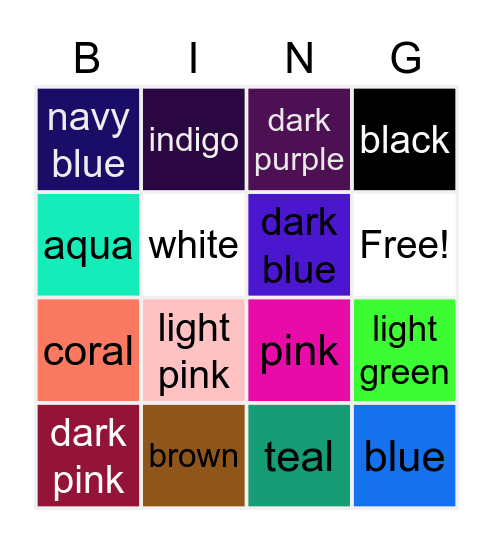 Colours Bingo Card